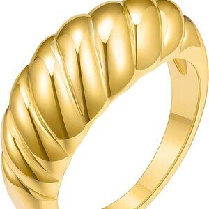18k Gold Plated Croissant Braided Twisted Signet Chunky Dome Ring Stacking Star